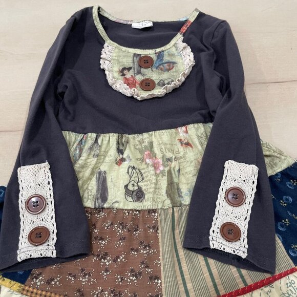 Tutu and Lulu Girls Dress 3-4T Ruffles Patchwork Victorian Stretch Long Sleeve - Picture 4 of 6